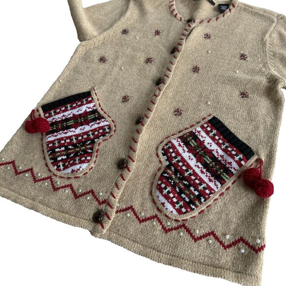 Tan Winter Mittens Snowflake Xmas Sweater Cardigan Ugly Christmas Beads Sz S - Picture 6 of 7